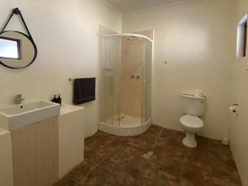 a bathroom with a shower and a sink and a toilet at Edge of the Crater in Venterskroon