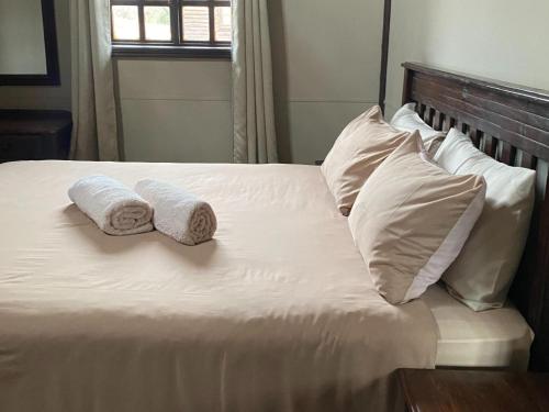 a bed with two pillows on top of it at Edge of the Crater in Venterskroon
