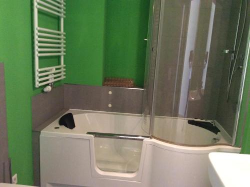 ein Badezimmer mit einer Badewanne mit einem Spiegel und grünen Wänden in der Unterkunft Ferienwohnung Sonwik in Flensburg
