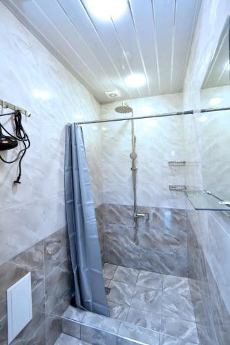 a shower with a glass door in a bathroom at Dreem House in Yerevan