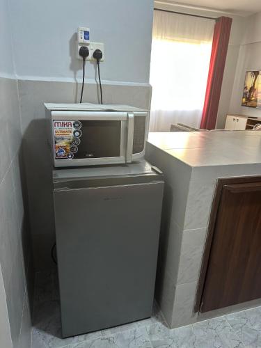 a microwave on top of a refrigerator in a kitchen at Ecostay 2bedroom Makasembo in Kisumu