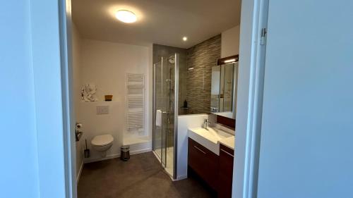 a bathroom with a toilet and a sink and a shower at DOMITYS - La Florentine in Sarreguemines