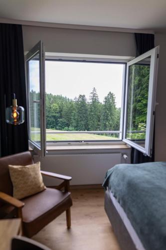 a bedroom with a large window and a chair at Luchs Quartier Hahnenklee in Hahnenklee-Bockswiese