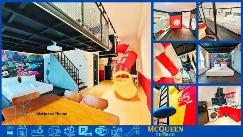 a collage of pictures of a room with a slide at Sunway GRID by SR Home in Kampong Pendas