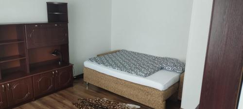 ein kleines Schlafzimmer mit einem Bett und einer Kommode in der Unterkunft Studio wohnung in Arumäe