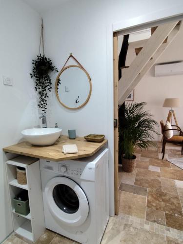 a bathroom with a washing machine and a sink at Les Gites de Mael et Rose in Plougasnou