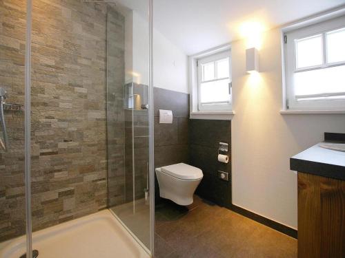 a bathroom with a toilet and a glass shower at Semi-detached houses, turf house in Torfhaus