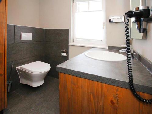 a bathroom with a sink and a toilet and a window at Semi-detached houses, turf house in Torfhaus