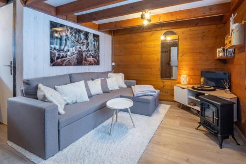 a living room with a couch and a television at Mazot cozy chalet spirit in Chamonix in Chamonix-Mont-Blanc