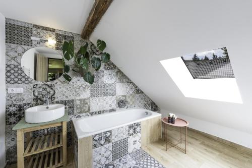 a bathroom with a sink and a mirror at Penzion Medové údolí in Čábuze