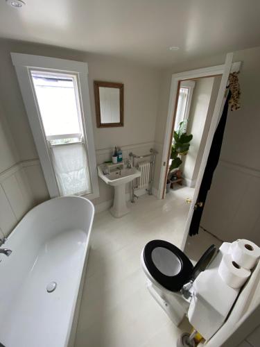 Un baño con inodoro, bañera y lavabo. en 23 Leskinnick Terrace, en Penzance