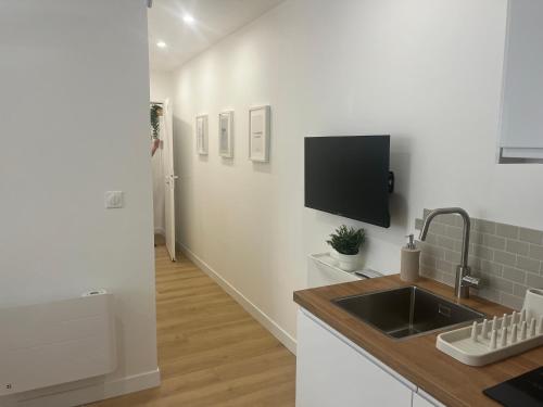 Il comprend une cuisine avec un évier et une télévision murale. dans l'établissement Mallorca, plein centre avec parking, à Reims