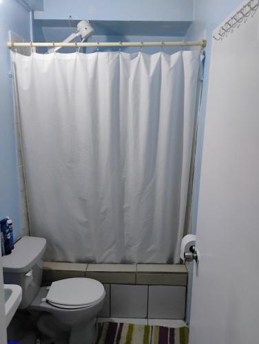 a bathroom with a toilet and a shower curtain at Country Vibe 2 bedroom apartment in Vieux Fort