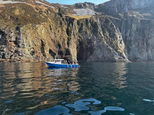 a boat in the water next to a mountain at Riverside Haven in Ardara in Ardara