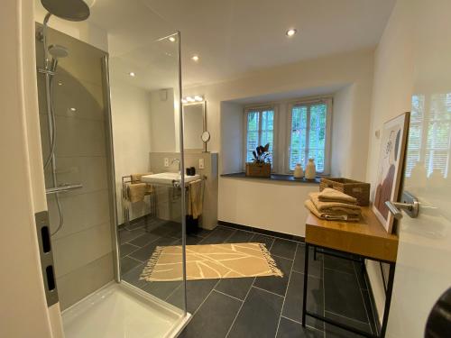 un bagno con doccia e lavandino di Weingut Bindges - Apartment Rosenhof a Traben-Trarbach