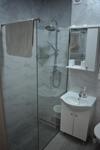 a bathroom with a shower and a sink at Băile Felix ap Livia in Oradea