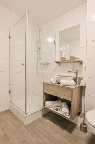a bathroom with a shower and a sink and a toilet at Liebig Hotel in Ehringshausen