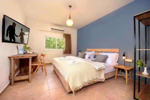 a bedroom with a bed and a desk and a window at Almog Hotel in Almog