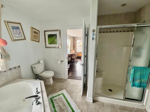 a bathroom with a tub and a toilet and a shower at Entire Cozy Apartment with Share Jacuzzi to Enjoy Amazing Views in Halifax