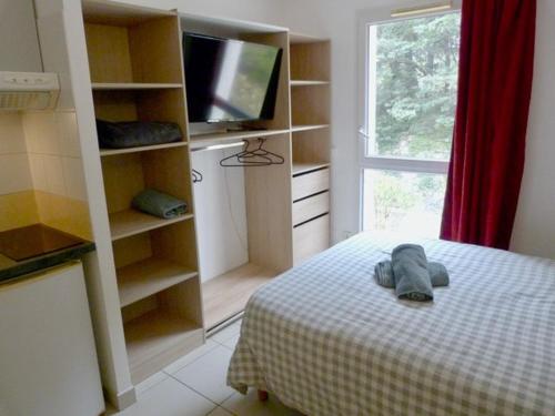 a bedroom with a bed and a tv and a window at Le Clos d'AIX Studio 113 in Aix-en-Provence