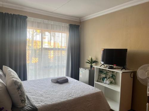 a bedroom with a bed and a flat screen tv at Guesthouse at 543 in Lebowakgomo