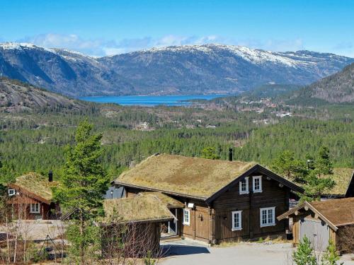a house with a roof with a view of a mountain at 15 person holiday home in Treungen in Treungen