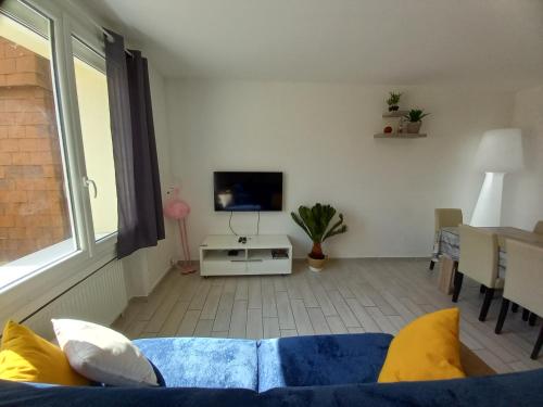 a living room with a blue couch and a tv at Appart T3 avec Cours et Parking Privé in Montélimar