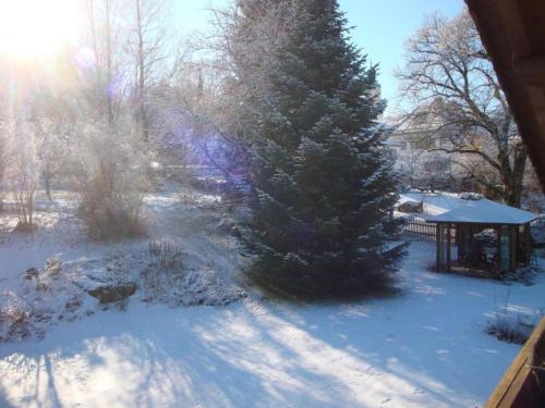 a snow covered yard with a pine tree and a gazebo at Ferienhaus in Konzell mit Terrasse in Konzell