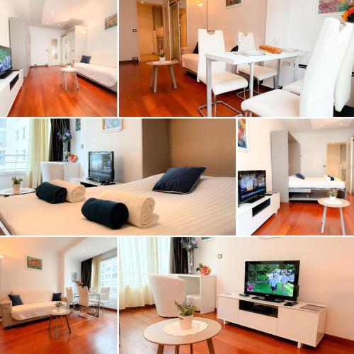 un collage di foto di un soggiorno e di una sala da pranzo di Le Angie By ApiRent #Climatisation #Croisette #Wifi a Cannes
