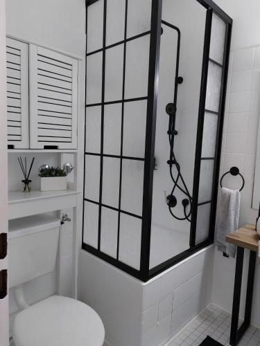 a bathroom with a toilet and a mirror at Ferienwohnung Kamerer in Bad Harzburg