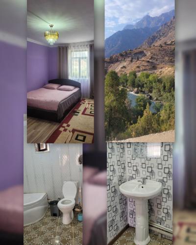 a collage of four pictures of a bedroom and a bathroom at Hotel Sarytag in Sarytag