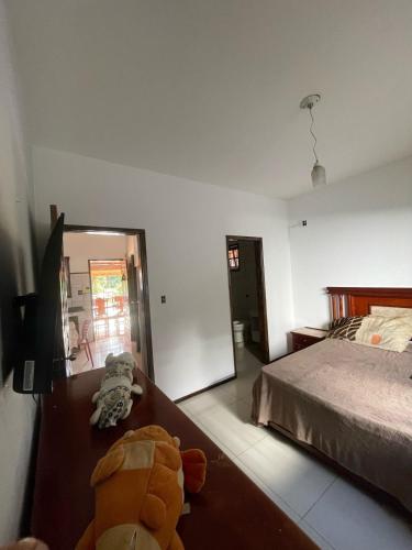 a bedroom with a bed and a stuffed animal on a table at Rancho Monte Verde in Elói Mendes