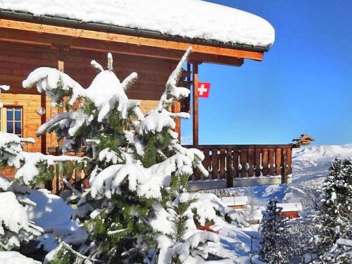 a cabin with a snow covered tree in front of it at Chalet in Vex near Ski Slopes in Les Collons