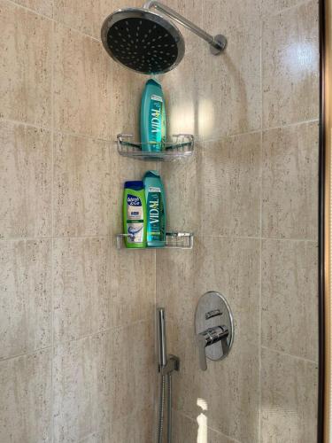 a shower with two bottles of shampoo and a shower head at Orikum Apartment in Orikum