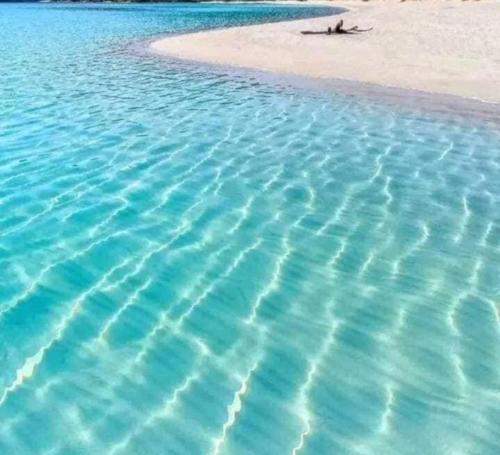 a beach with blue water and a person laying on the sand at Matrouh Marsa in Marsa Matruh