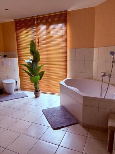 a bathroom with a tub and a potted plant at Ostsee-Loft in Neuendorf