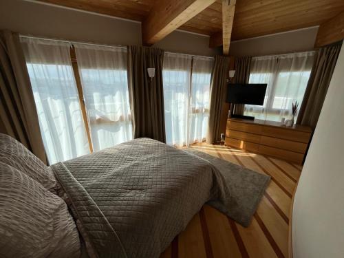 a bedroom with a bed and a tv and windows at Ostsee-Loft in Neuendorf