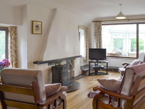 a living room with a fireplace and a tv at Preswylfa in Llanddona