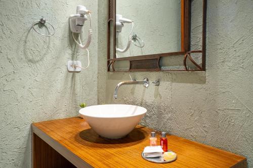 a bathroom with a white bowl sink on a wooden counter at Pousada Apple House Campos do Jordao in Campos do Jordão