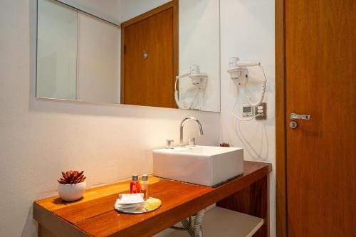 a bathroom with a sink and a mirror at Pousada Apple House Campos do Jordao in Campos do Jordão
