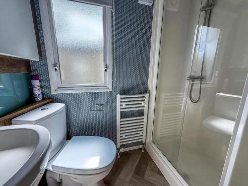 a bathroom with a toilet and a sink and a shower at Stunning Caravan With Decking At Azure Seas In Suffolk Ref 32055Az in Lowestoft