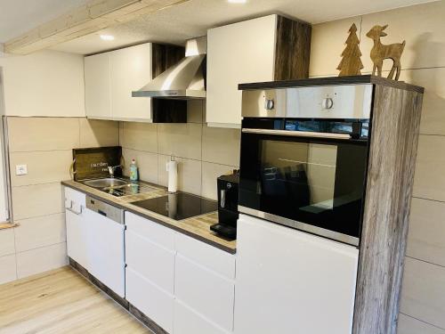 a kitchen with a microwave oven and a sink at Retreat with Private Garden in Güntersberge