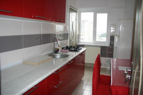a kitchen with a sink and red cabinets at Apartament Ultra central Style in Bacău