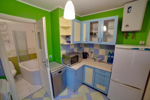 グダニスクにあるApartament Bryzaの青いキャビネットと緑の壁の小さなキッチン