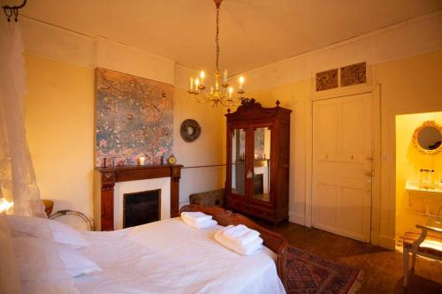 a bedroom with a white bed and a fireplace at Château Lestéous 