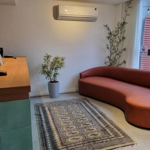 a living room with a couch and a rug at Coral Express próximo ao Parque Harmonia e Beira Rio in Porto Alegre