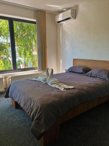 a bed with a animal laying on top of it at Apartman Alinac in Cazin