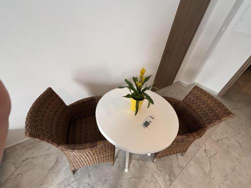 a white table and chairs with a plant on it at Luca Apts Napa in Ayia Napa