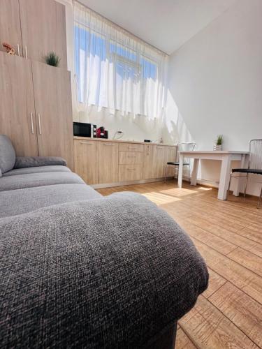a bedroom with a bed and a table and a desk at Neva Apartments & Rooms in Făgăraş