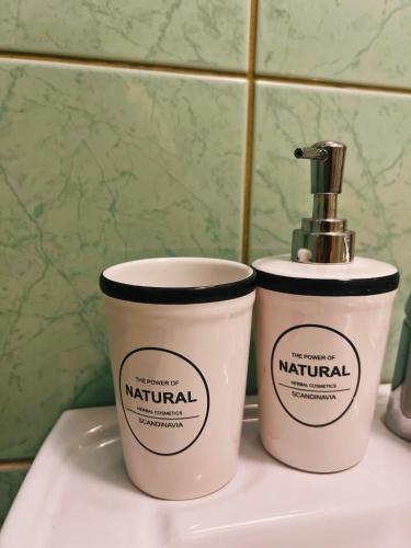 two coffee cups sitting on top of a sink at Apartman Alinac in Cazin